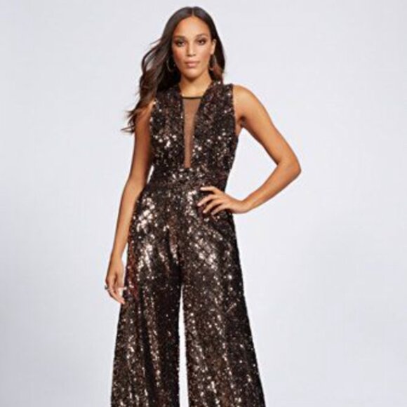 Gabrielle Union Bronze Brown Sequin Jumpsuit - Picture 1 of 8